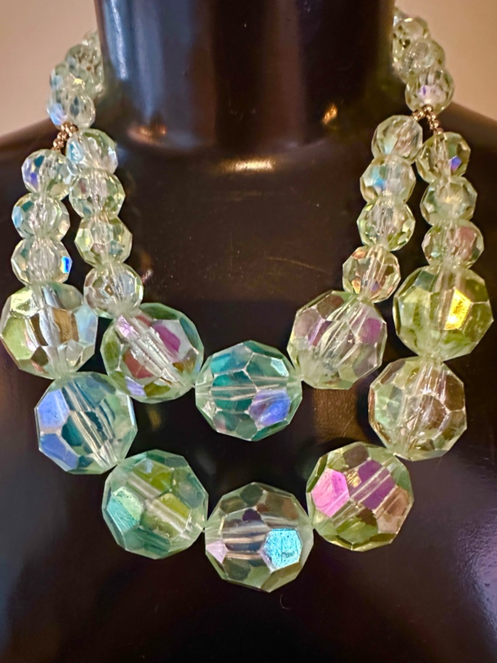 Aurora Borealis GUC double strand acrylic bead necklace. Goldtone toggle clasp